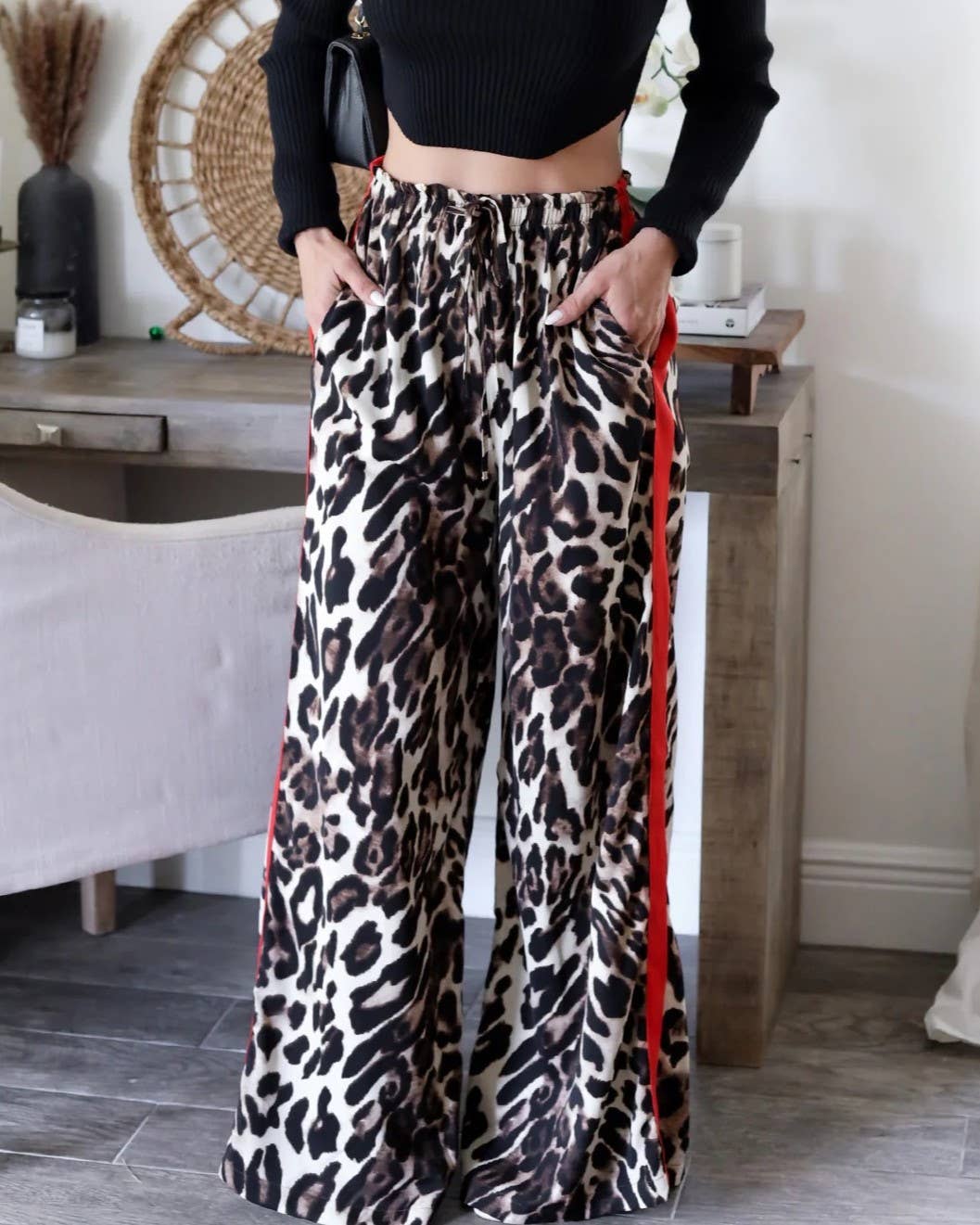 Street Leopard Print Side Striped Straight Pants: Leopard