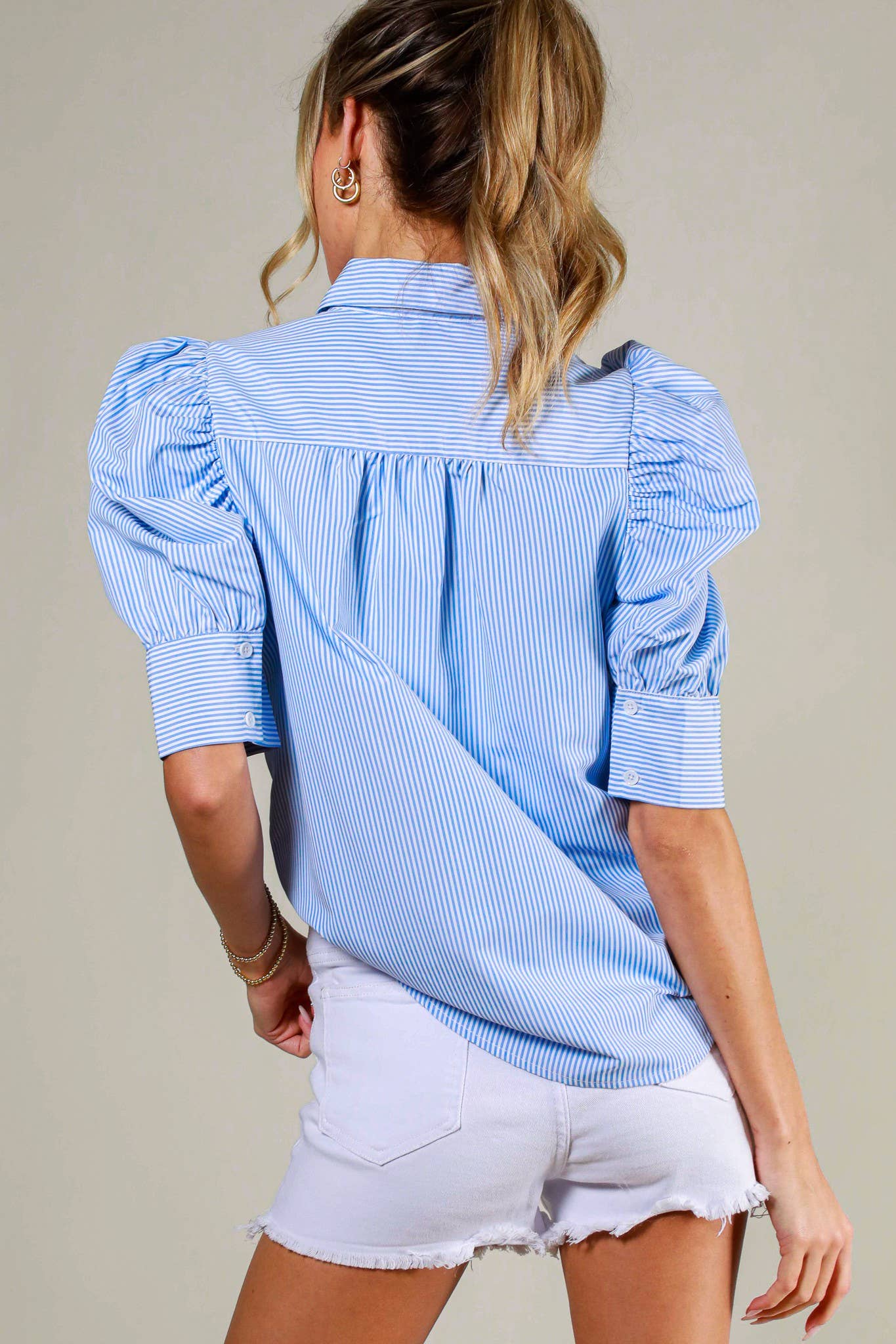 Collared Neck Short Puff Sleeve Striped Blouse VT81707: Blue
