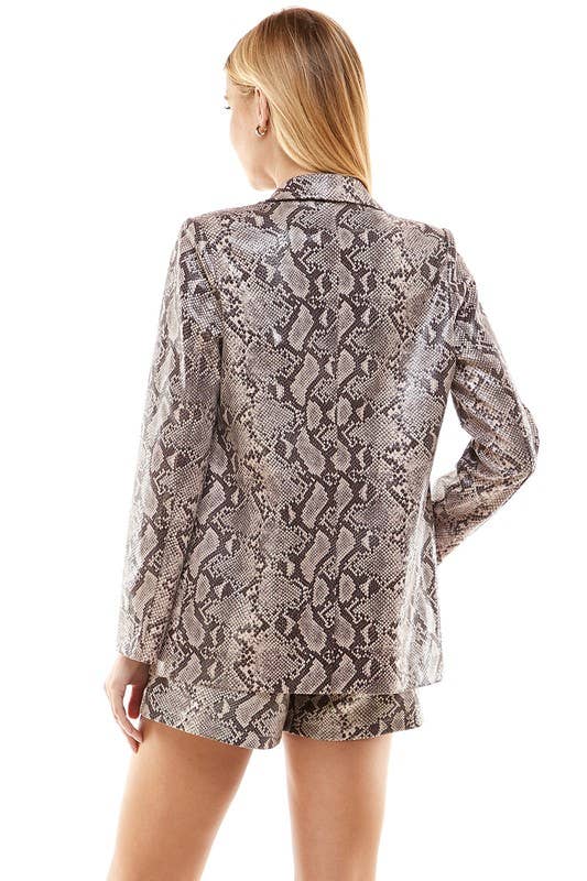 CJ6293-Snake Skin Print Front Open Blazer: GREY