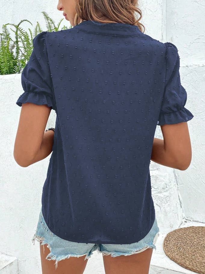 Boho Embroidered Floral Ruffle Top: NavyBlue