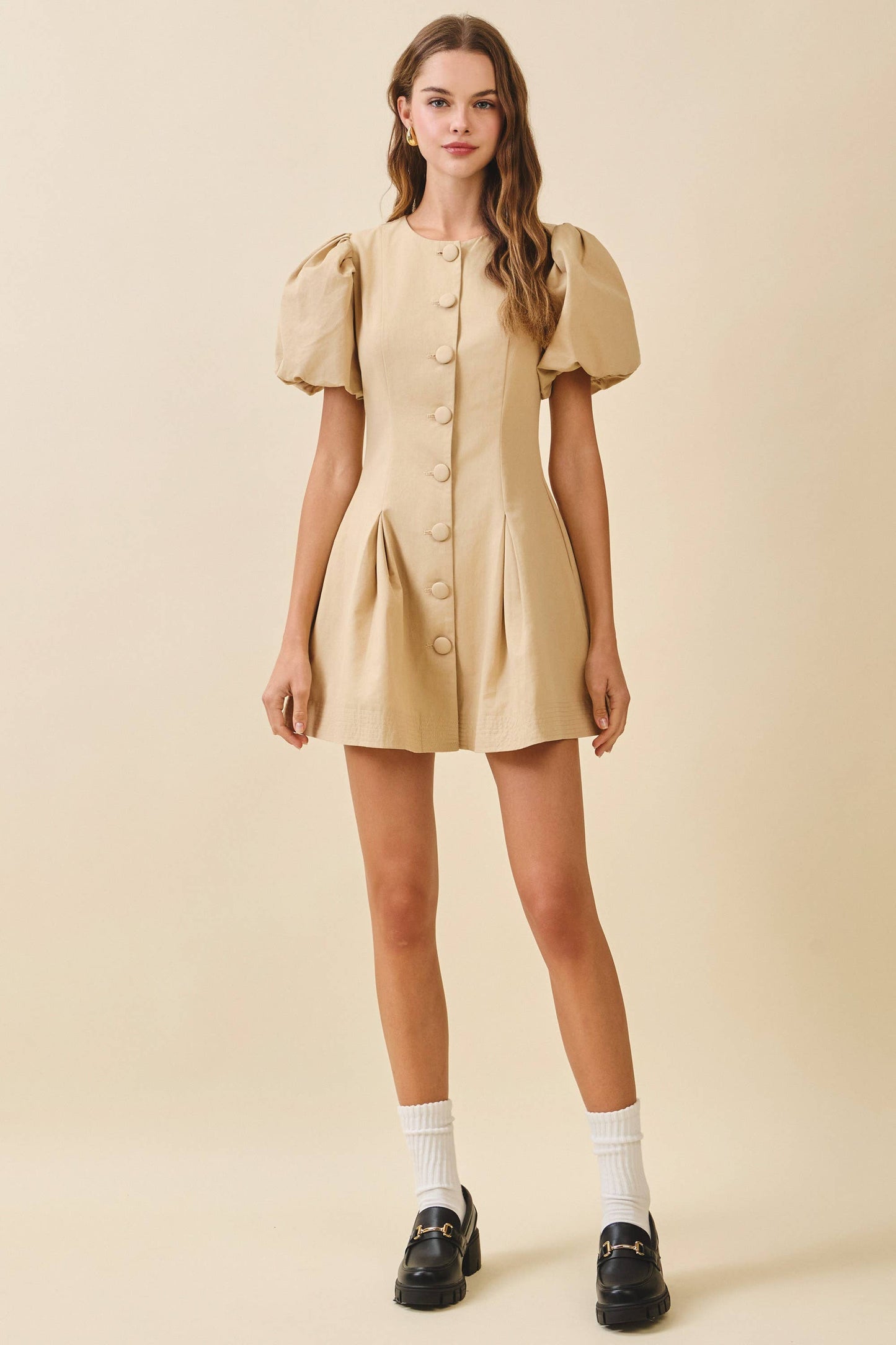 CD06108-Voluminous Puff Sleeves Covered Button Down Dress: Beige