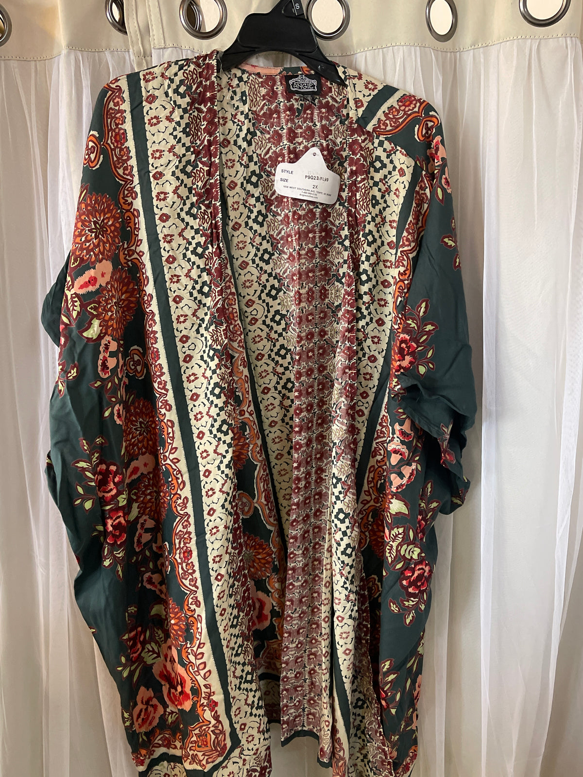 Angie Women's Floral Open Front Kimono Green & Red Boho Bohemian One Size