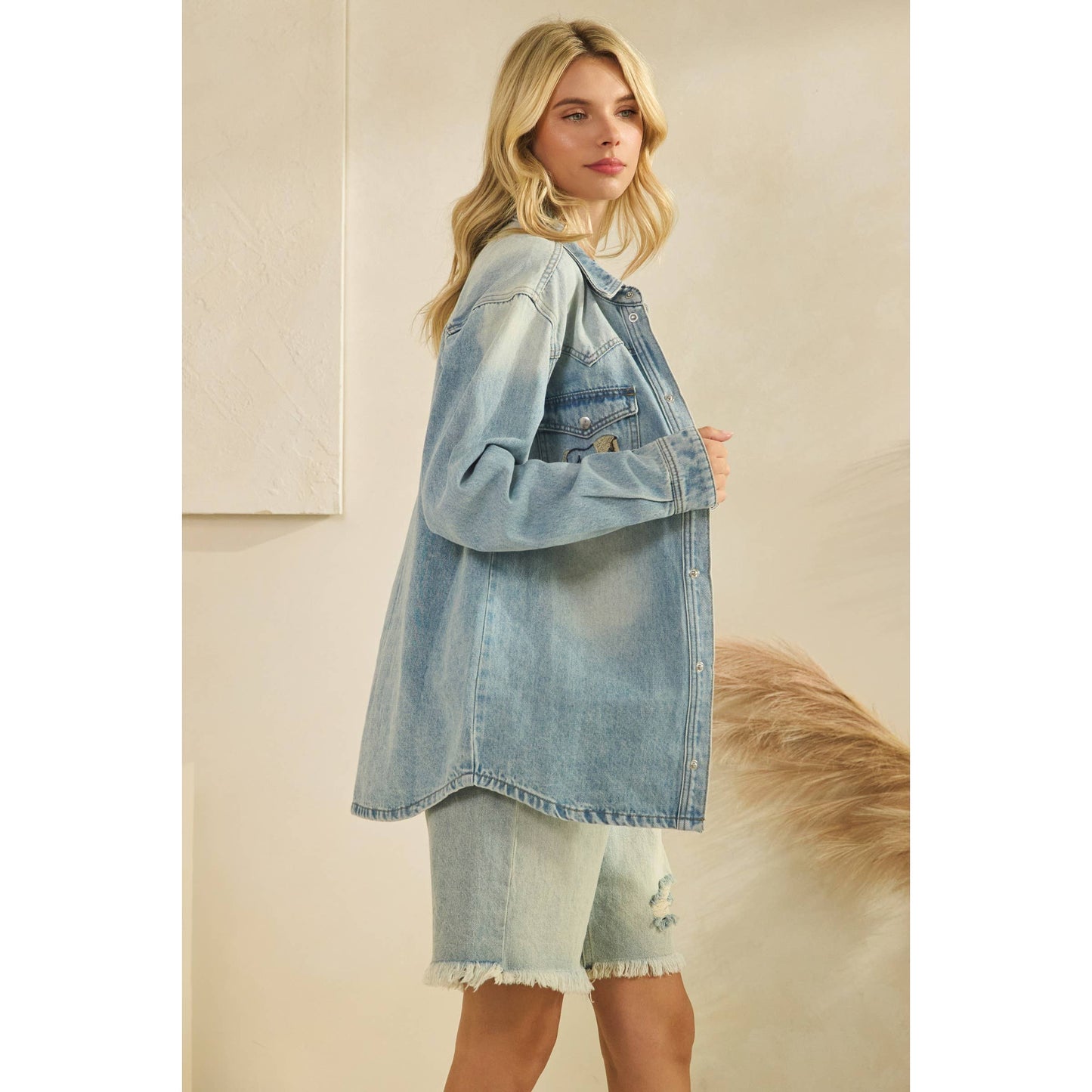 Denim Jacket with Horse Embroidery: Medium Wash