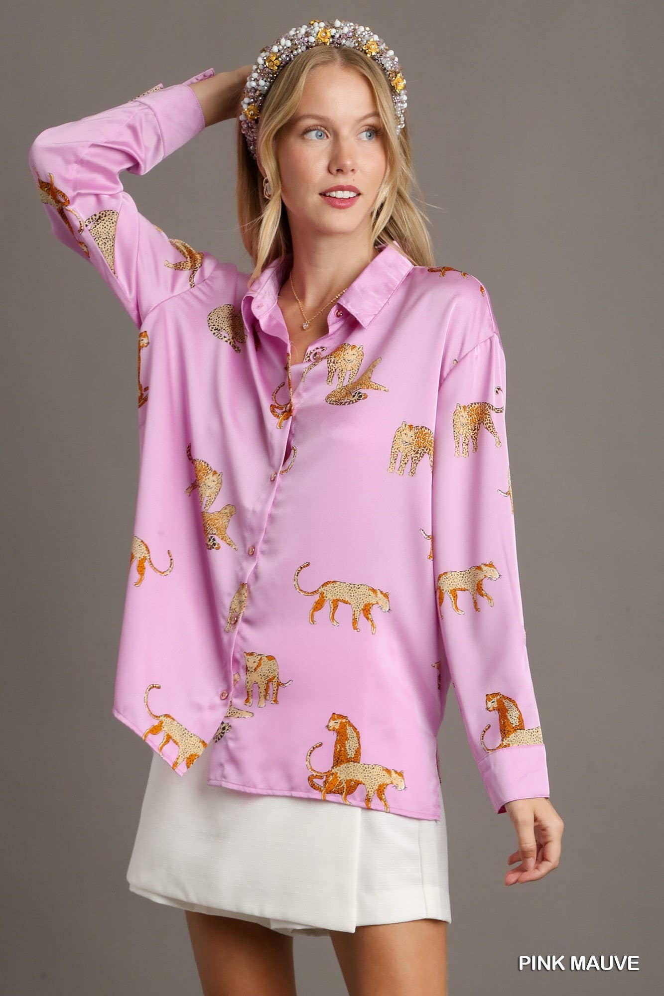 Satin Animal Print Button Down Blouse: Beige