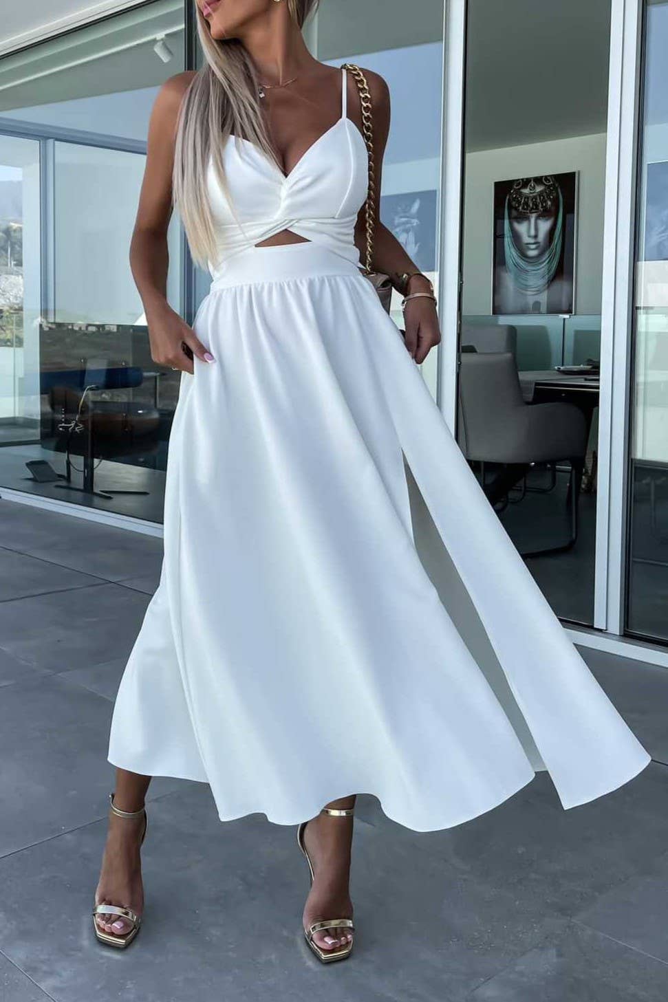 Plunge twist front cutout slit strappy swing cocktail dress: Beige / XL