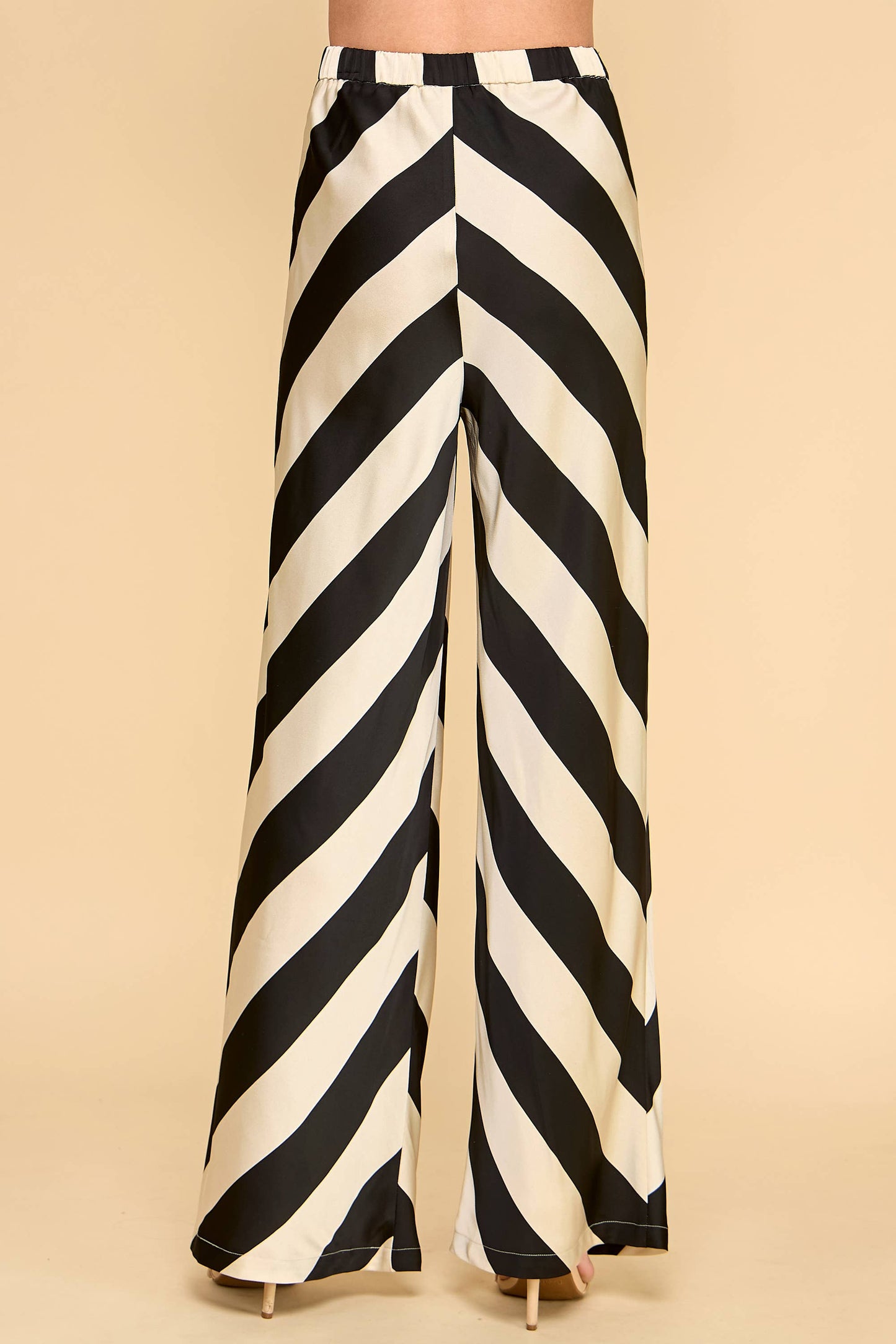 CP10253-Chevron Stripes Elastic Band Satin Wide Leg Pants: Beige