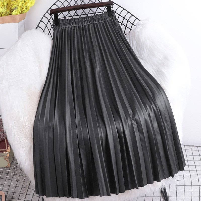 High Waisted Elastic A-Line Pleated PU Leather Mini Skirt: COFFEE / One_size