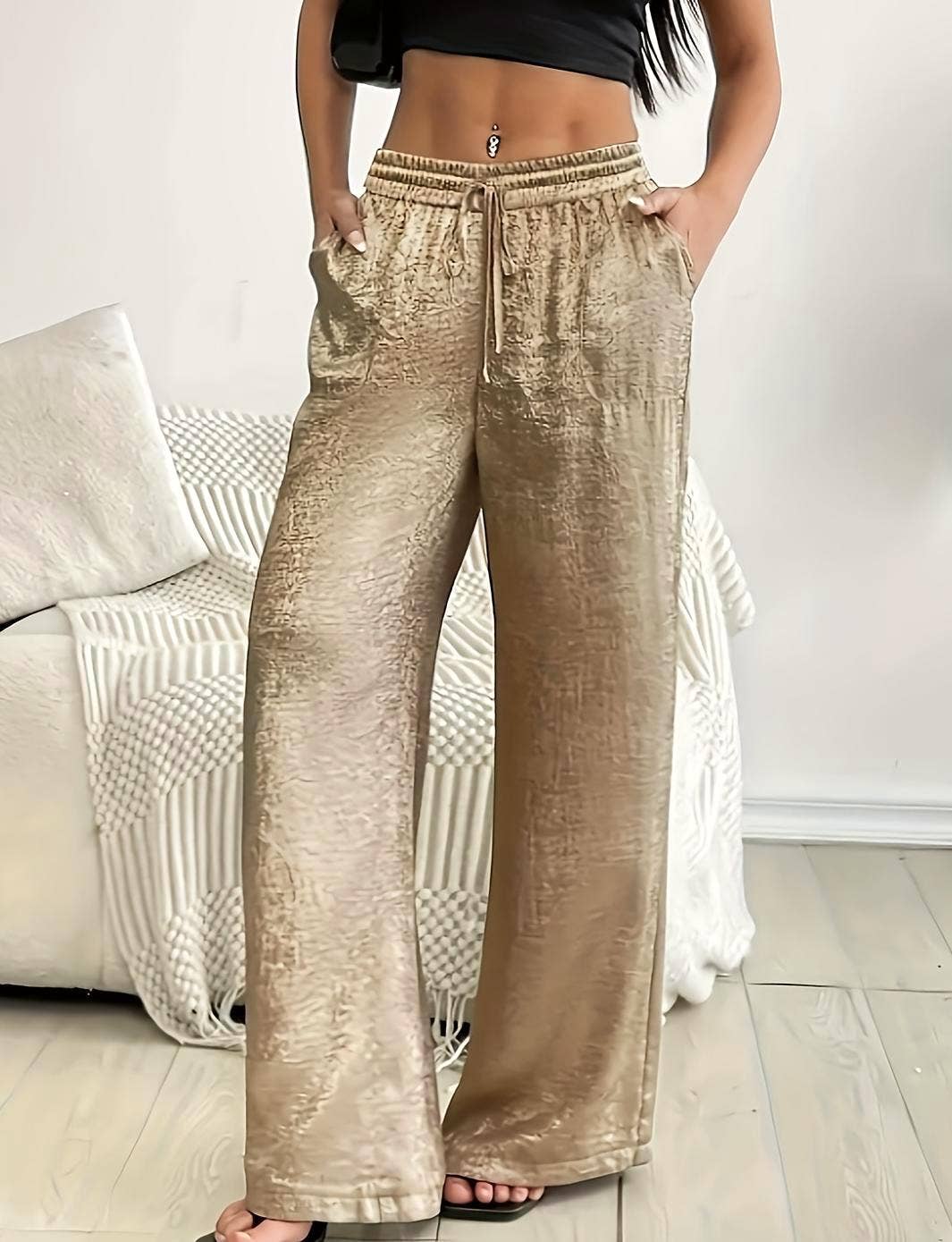 Drawstring bronzing trousers metallic wide-leg pants: Golden / M