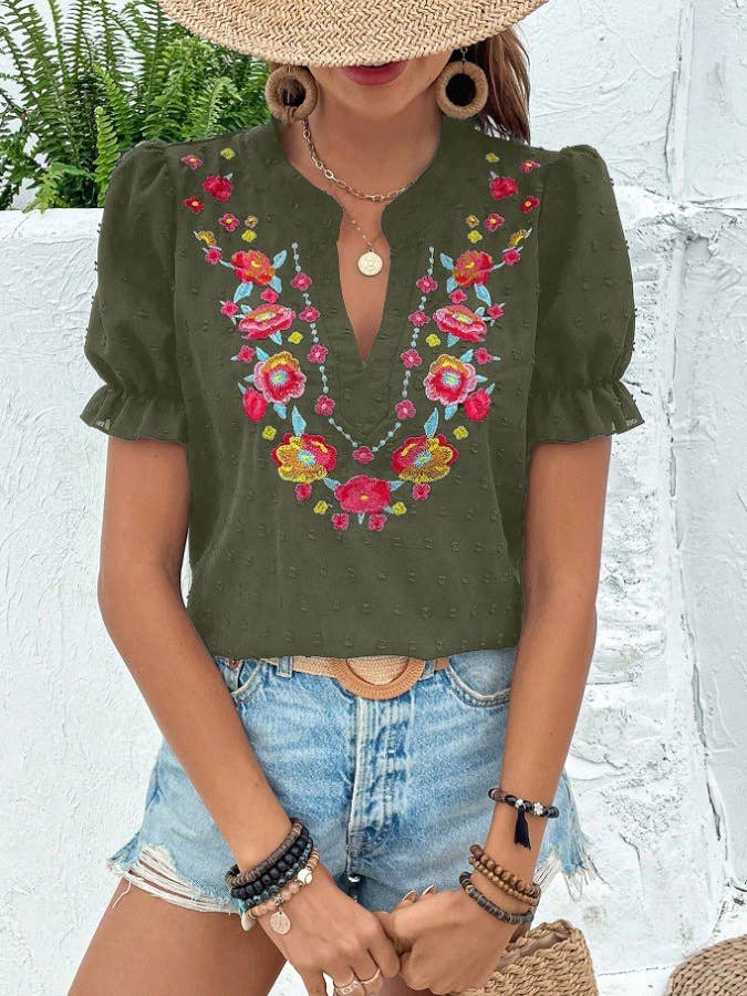 Boho Embroidered Floral Ruffle Top: NavyBlue