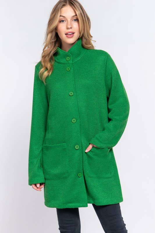 Long Sleeve High Neck Button Down Coat: Grn-Green