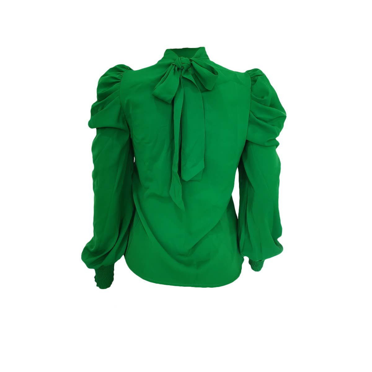 Solid stand collar puff sleeve tie neck blouse: Hot Pink