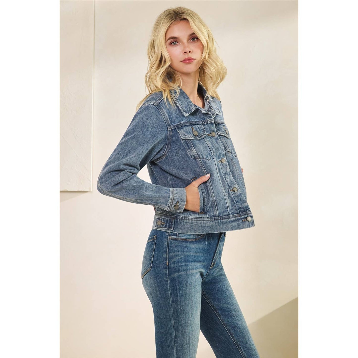 Fitted Denim Jacket with Back Tiger Patch Print: Med Wash