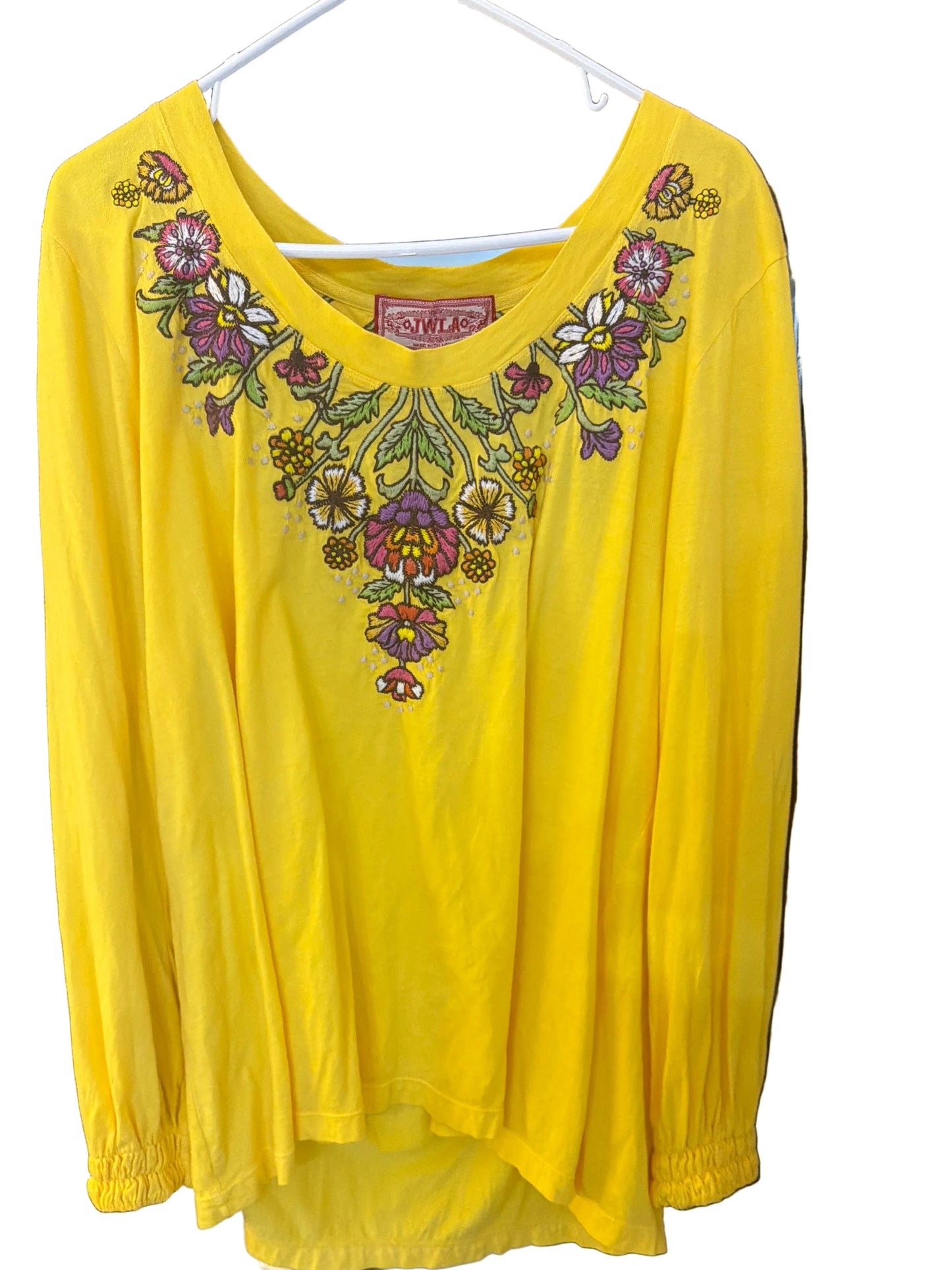 Johnny Was embroidered yellow cuff sleeve blouse