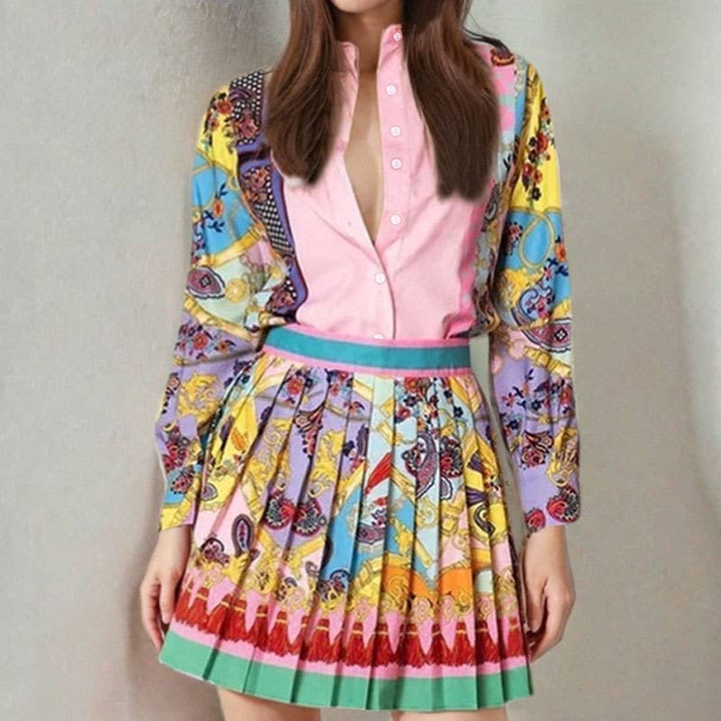 Long Sleeve Shirt And Pleated Skirt Set: PINK
