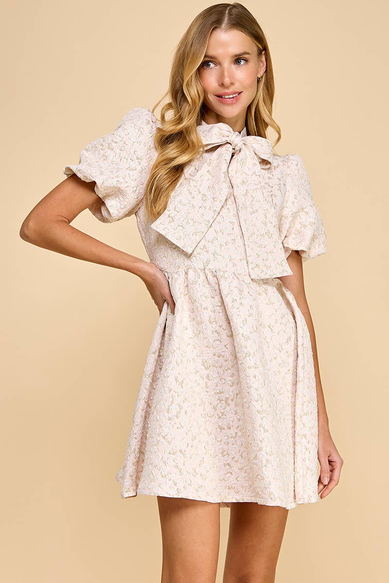 CD05250-Jacquard Puff Sleeve Pussy Bow Detail Dress: Pink / L