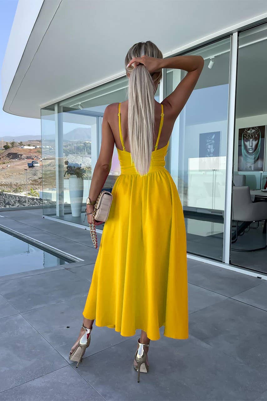 Plunge twist front cutout slit strappy swing cocktail dress: Beige / L