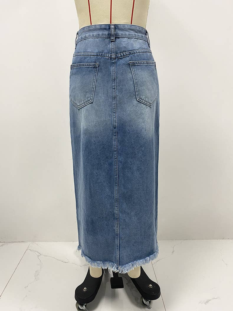 High Waist Irregular Raw Distressed Washed Skirt: Blue / S