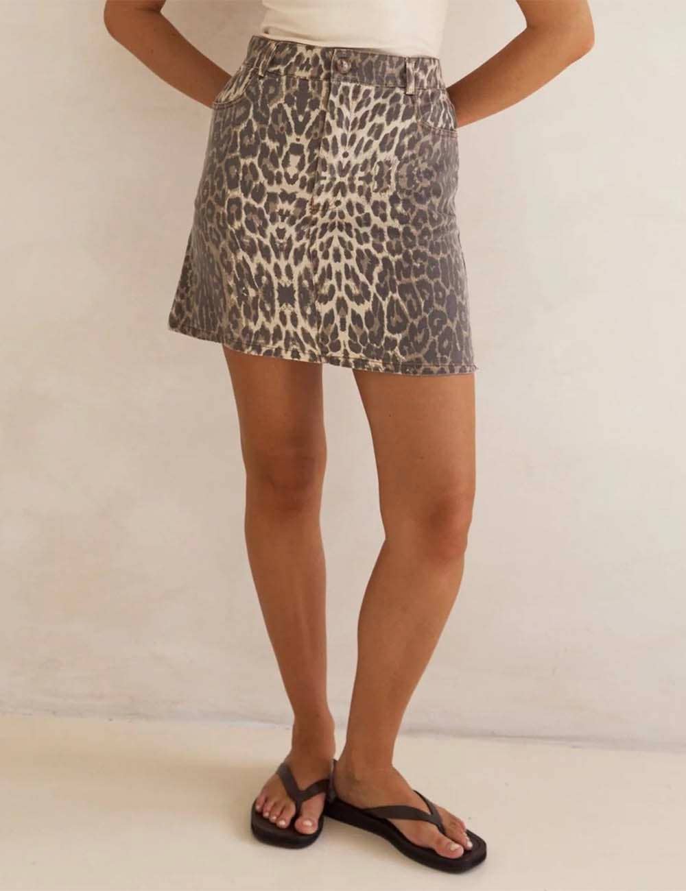 Ladies Leopard Turndown Collar Top & Skirt Denim Set: Leopard