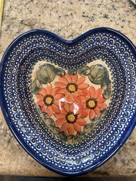 Boleslawiec Polish Pottery heart-shaped bowl, specifically from the Unikat (signature) collection 463