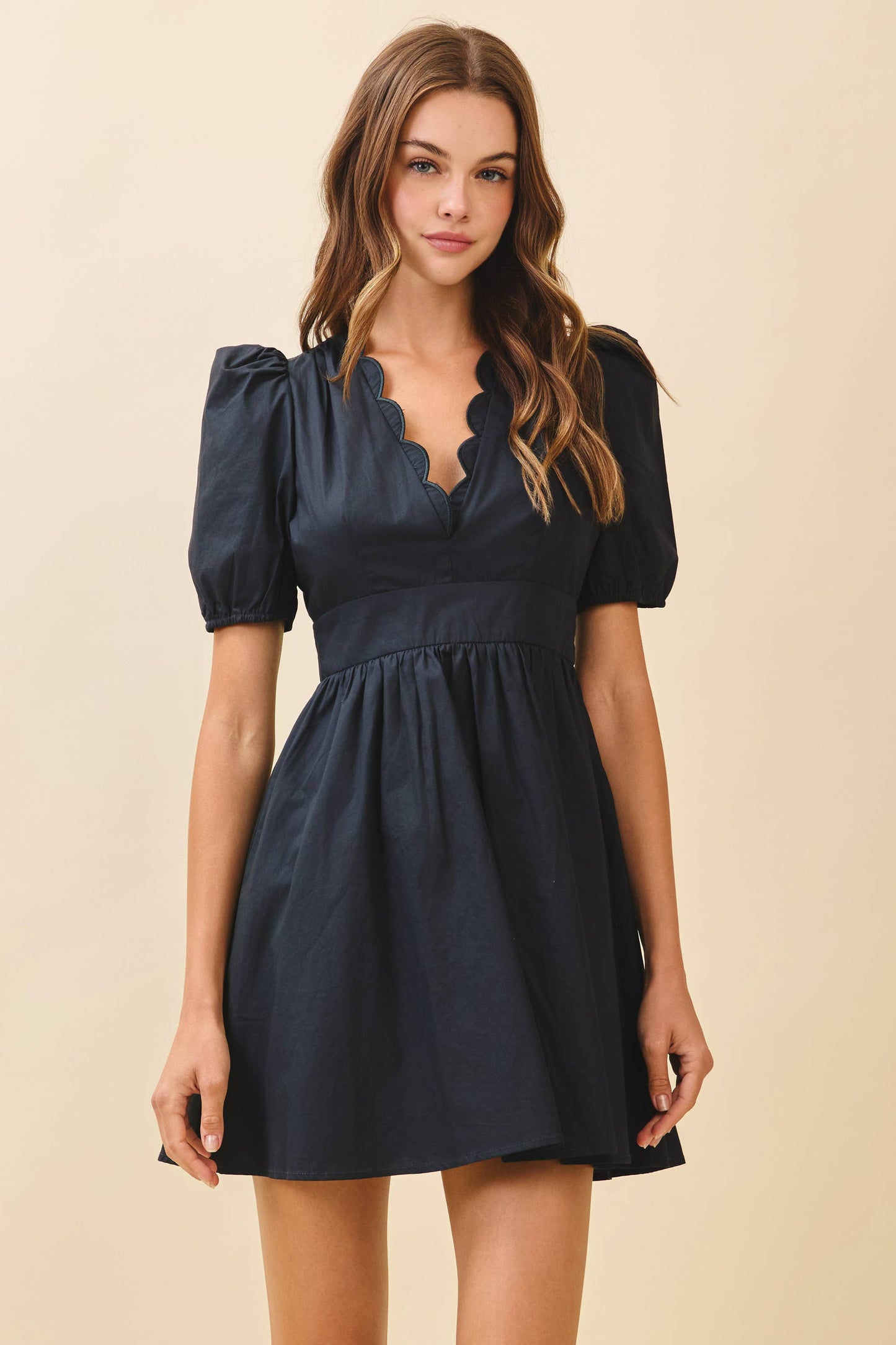 CD05988-Scalloped V Neckline Self Tie Sash Mini Dress: NAVY / S
