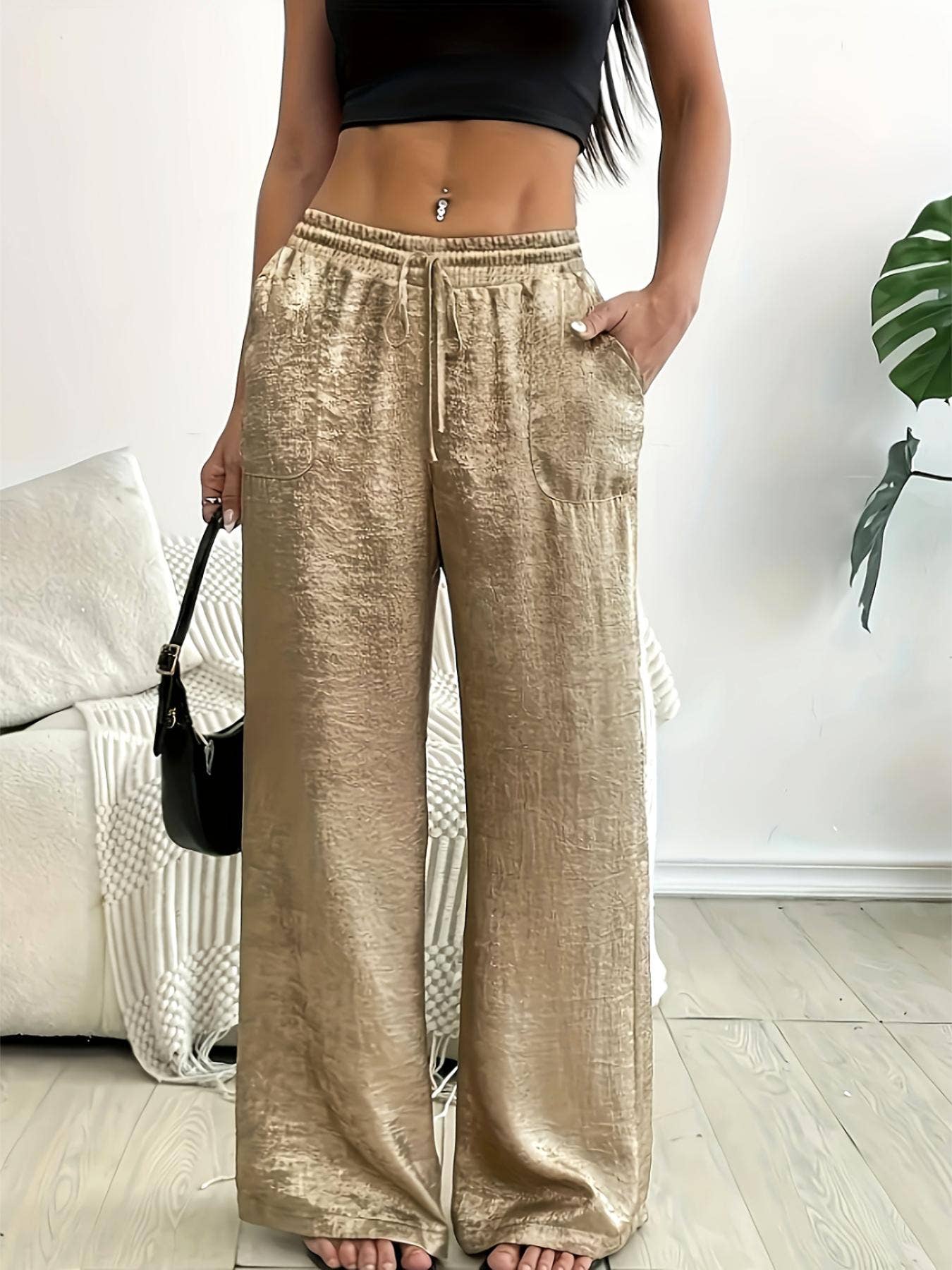 Drawstring bronzing trousers metallic wide-leg pants: Golden / M