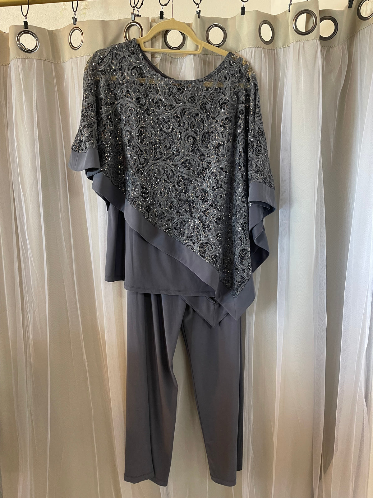 R&M Richard’s Gray Sequin Top Silver Paisley Design