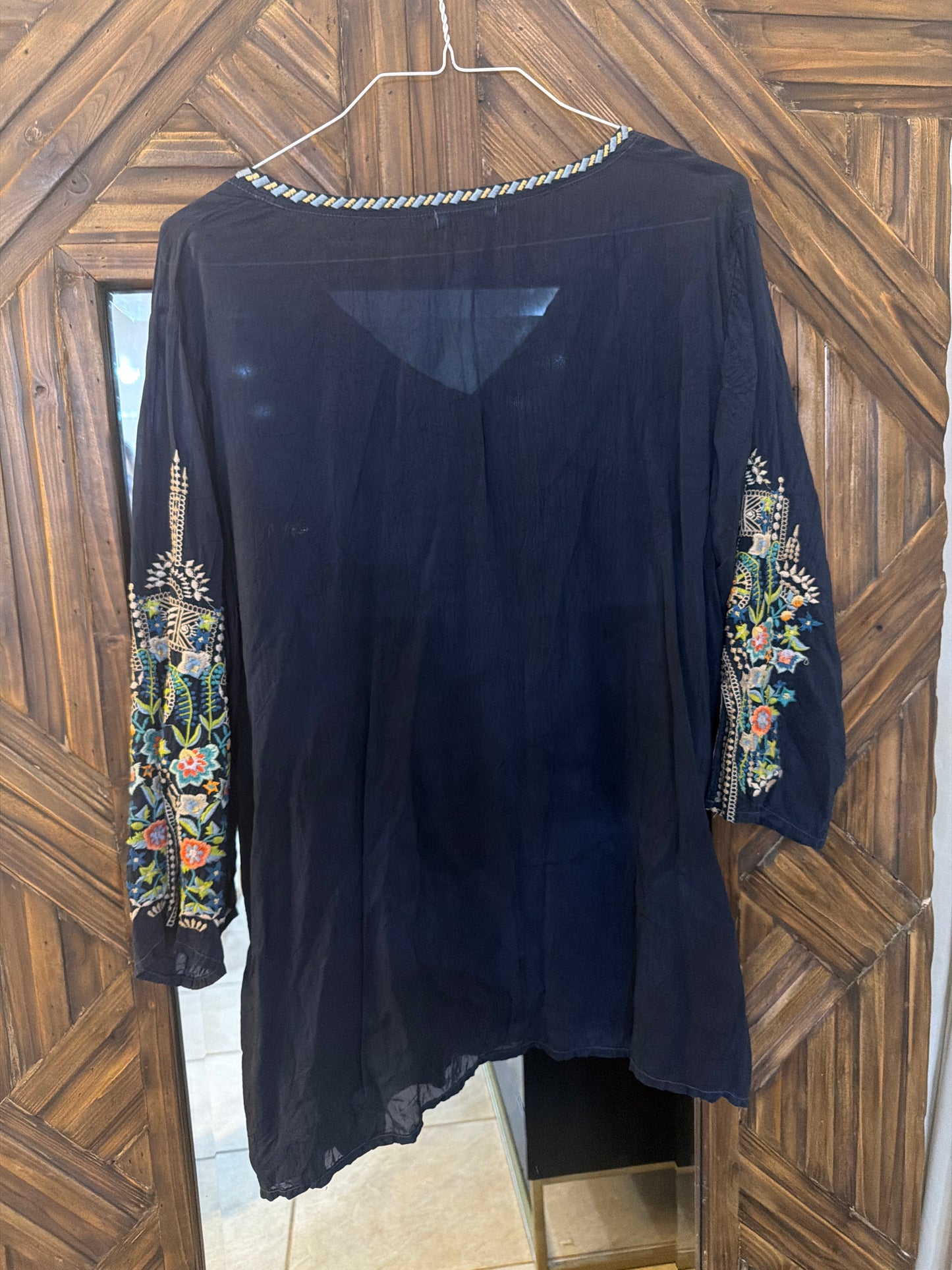 Johnny Was tunic featuring vibrant floral embroidery