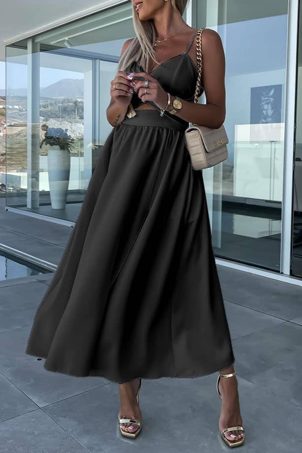 Plunge twist front cutout slit strappy swing cocktail dress: Beige / L