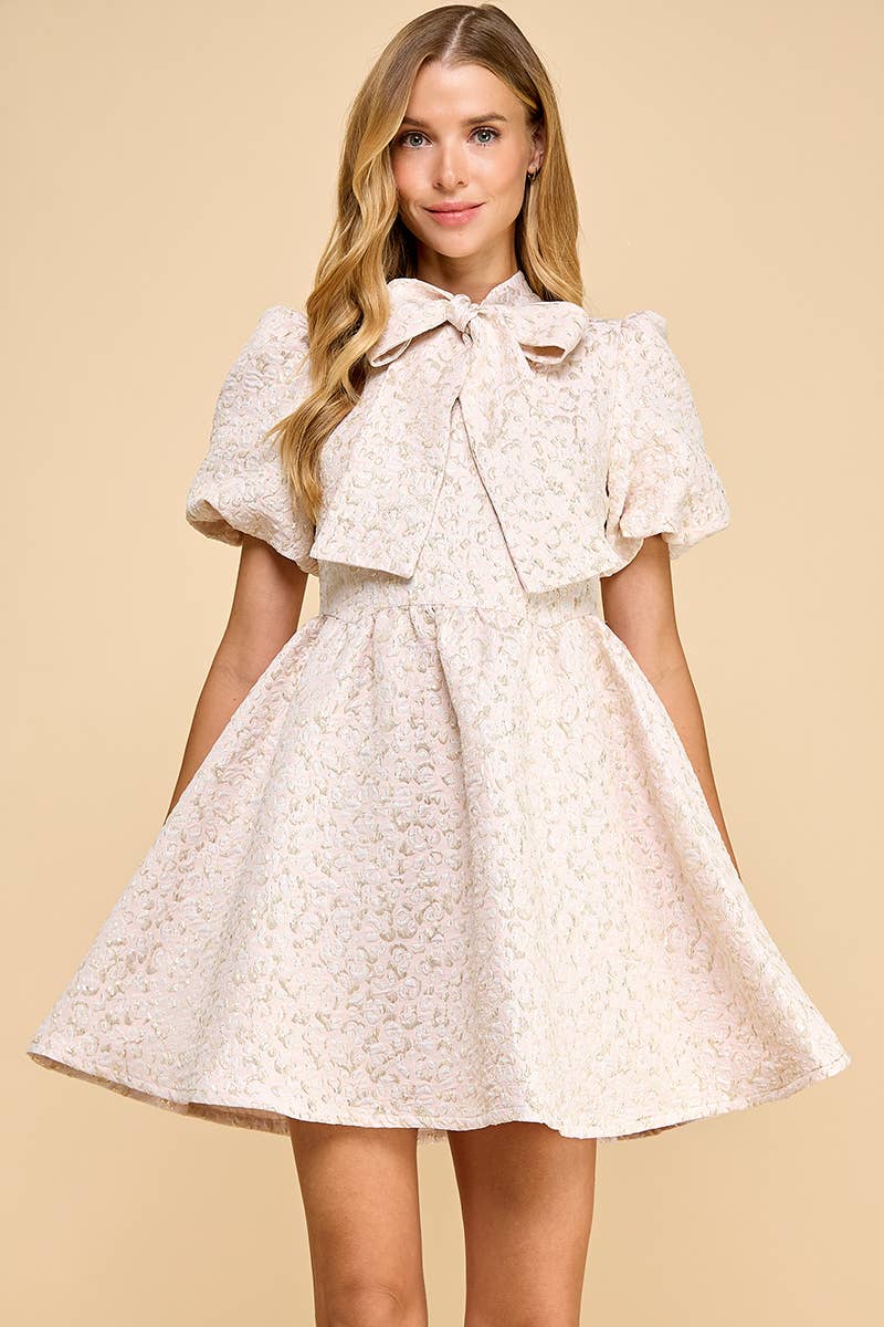 CD05250-Jacquard Puff Sleeve Pussy Bow Detail Dress: Pink / L