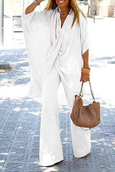 Fold asymmetrical v neck half sleeve two pieces