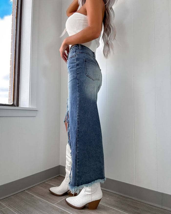 High Waist Irregular Raw Distressed Washed Skirt: Blue / S