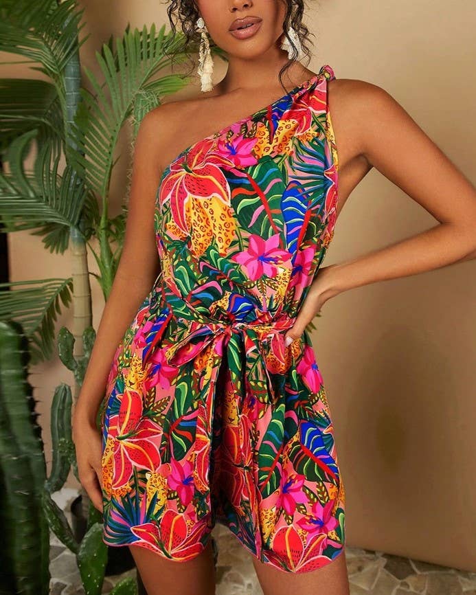 Vivid Tropical Print One Shoulder Belted Romper: Red / S