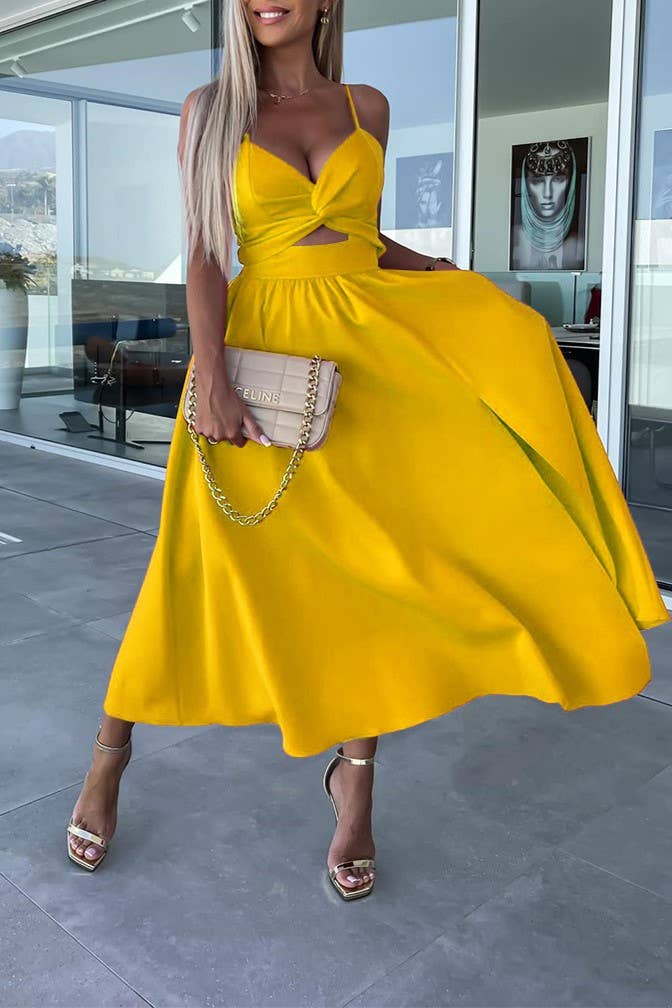 Plunge twist front cutout slit strappy swing cocktail dress: Beige / S