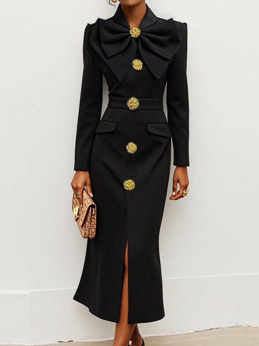 Long Sleeve Buttoned Split-Front Collar Dress: BLACK