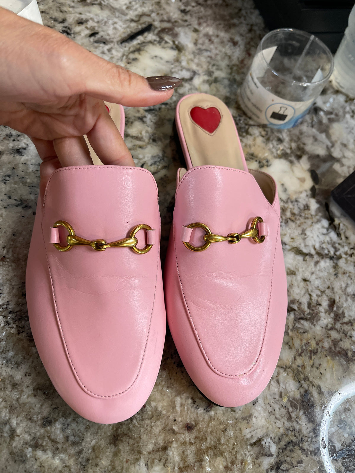 ARQA Pink Leather Horsebit Mules Heart Detail Loafer Slides Size 7
