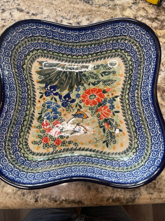 Polish Pottery square wavy bowl UNIKAT 2542