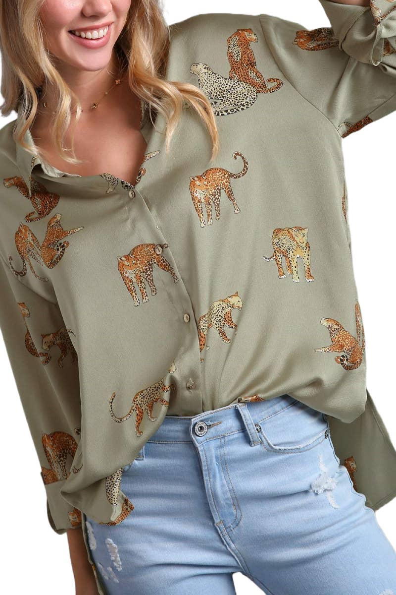 Satin Animal Print Button Down Blouse: Beige