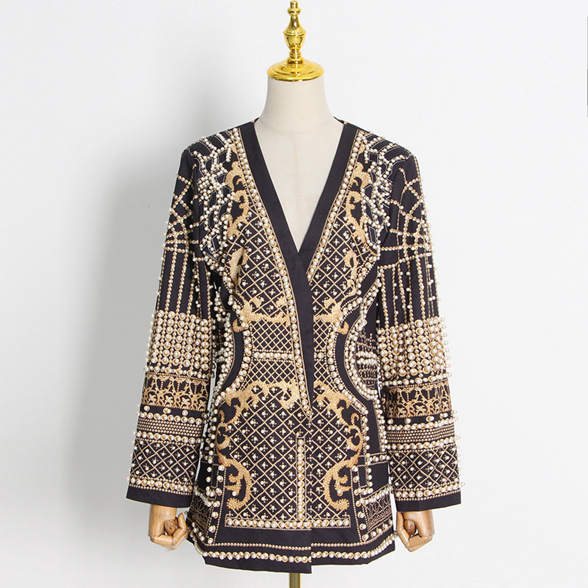 Stylish V-Neck Beaded Print Blazer Jacket: Yellow