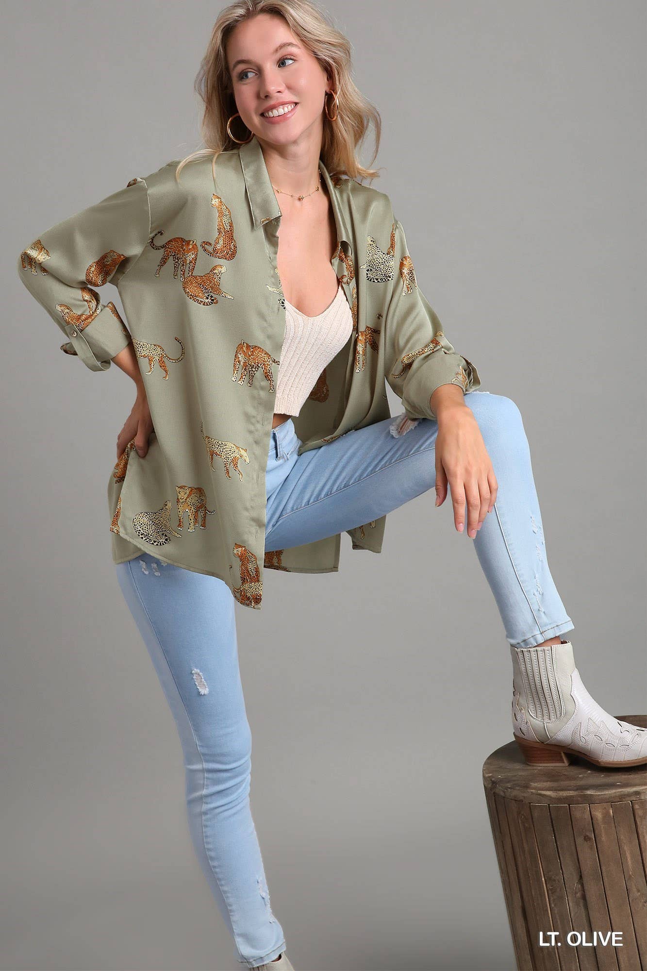 Satin Animal Print Button Down Blouse: Beige