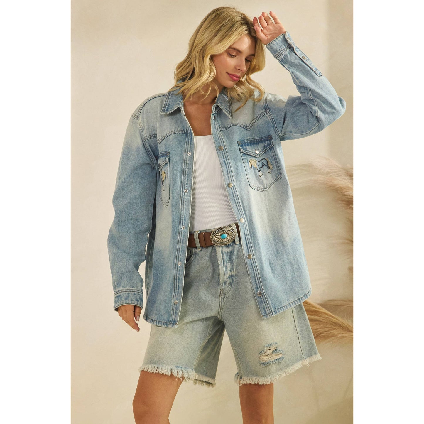 Denim Jacket with Horse Embroidery: Medium Wash