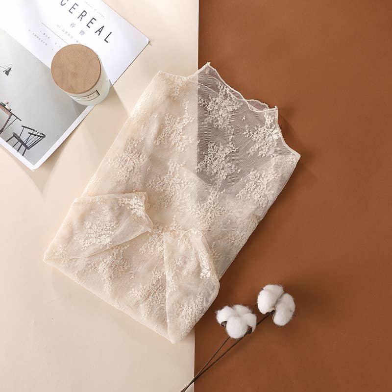 Floral Lace Sheer Mesh Layering see through Top: White