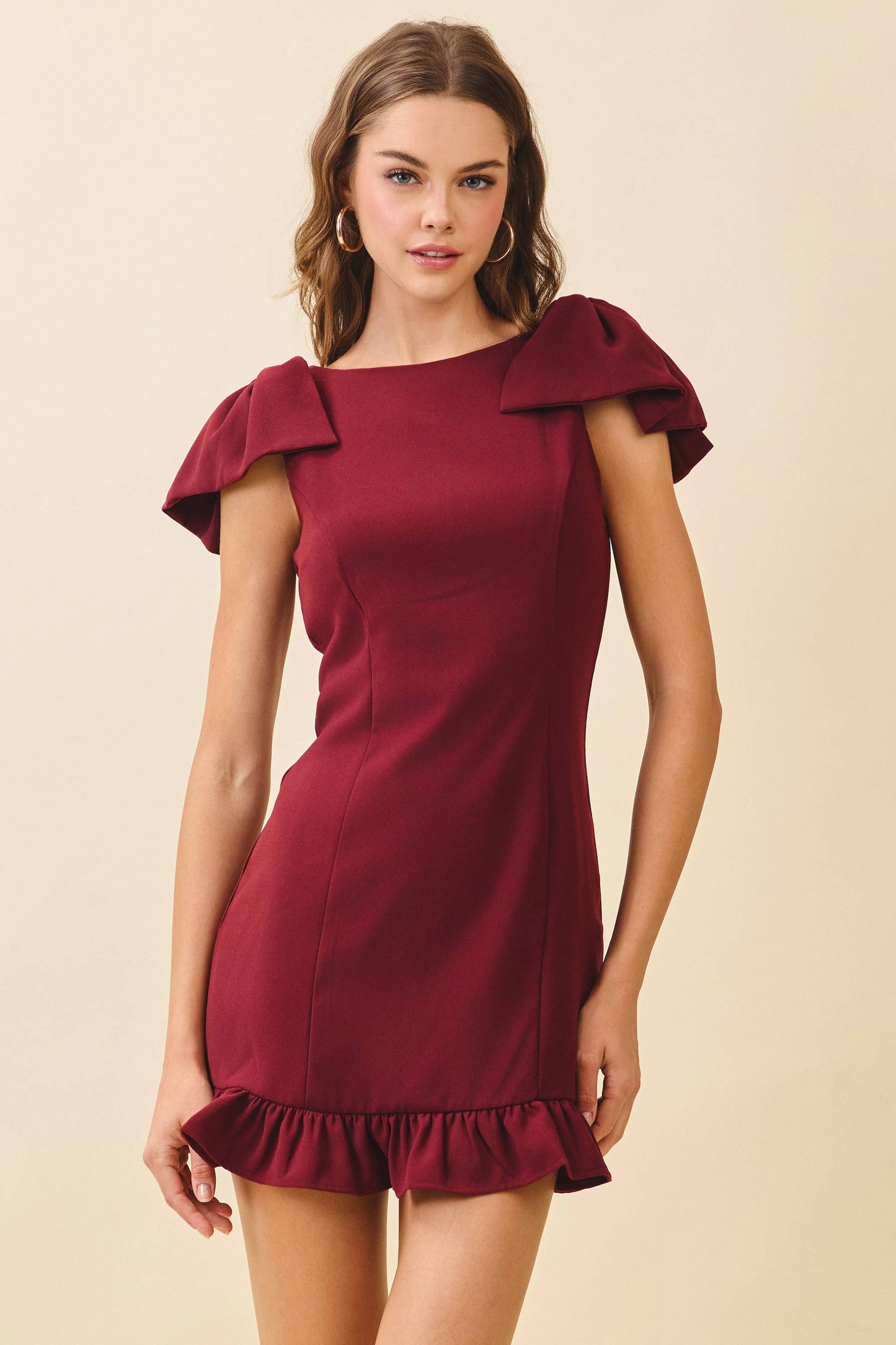 CD05924-Dramatic Layered Puff Sleeves Boat Neckline Dress: IVORY