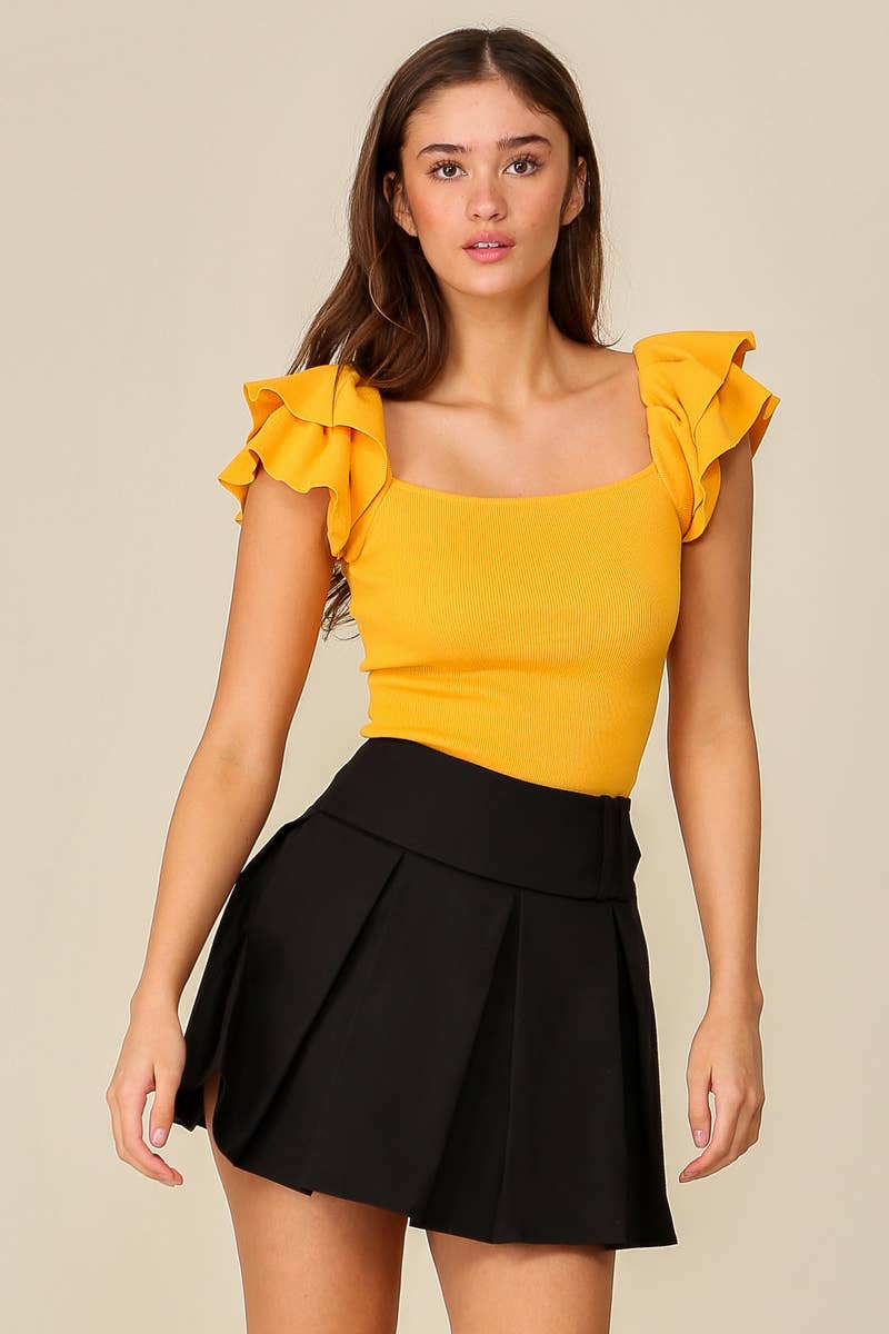Double Ruffled tiered sleeve ribbed knit top:
