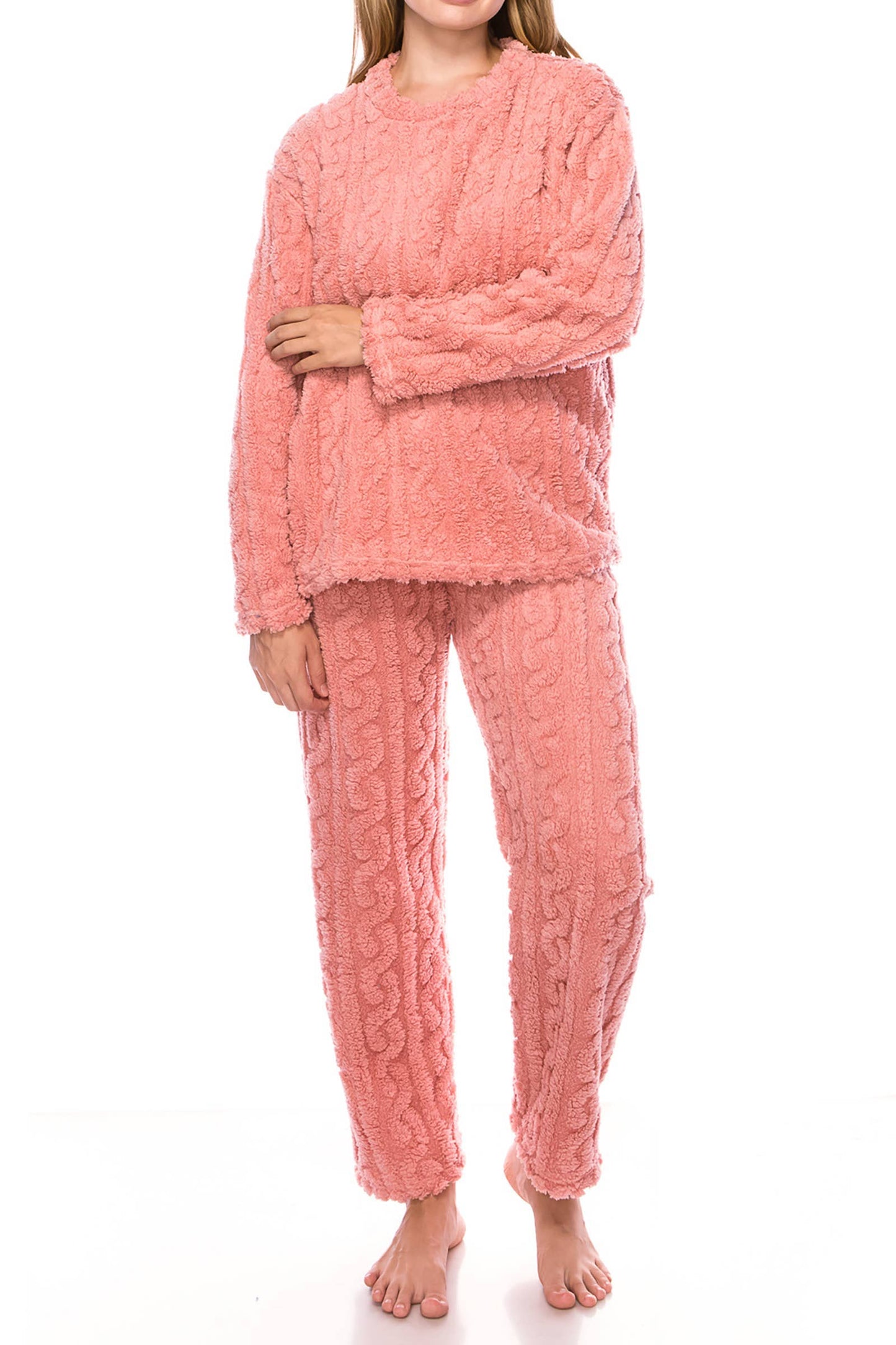 Cable Fuzzy Sherpa Fleece Pajama Sets: BLACK