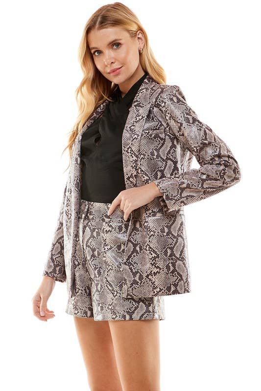 CJ6293-Snake Skin Print Front Open Blazer: GREY