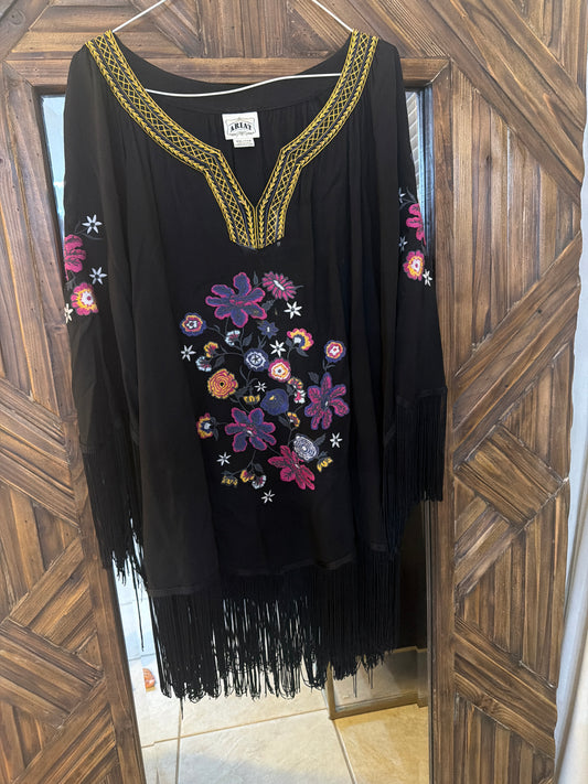 Ariat Black Floral Embroidered Fringe Top