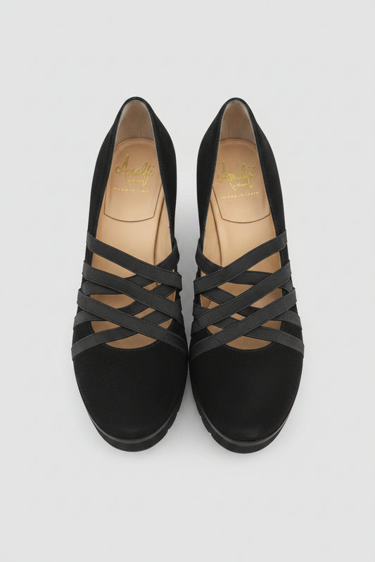 Amalfi black suede wedge shoes featuring crisscross strap detailing.