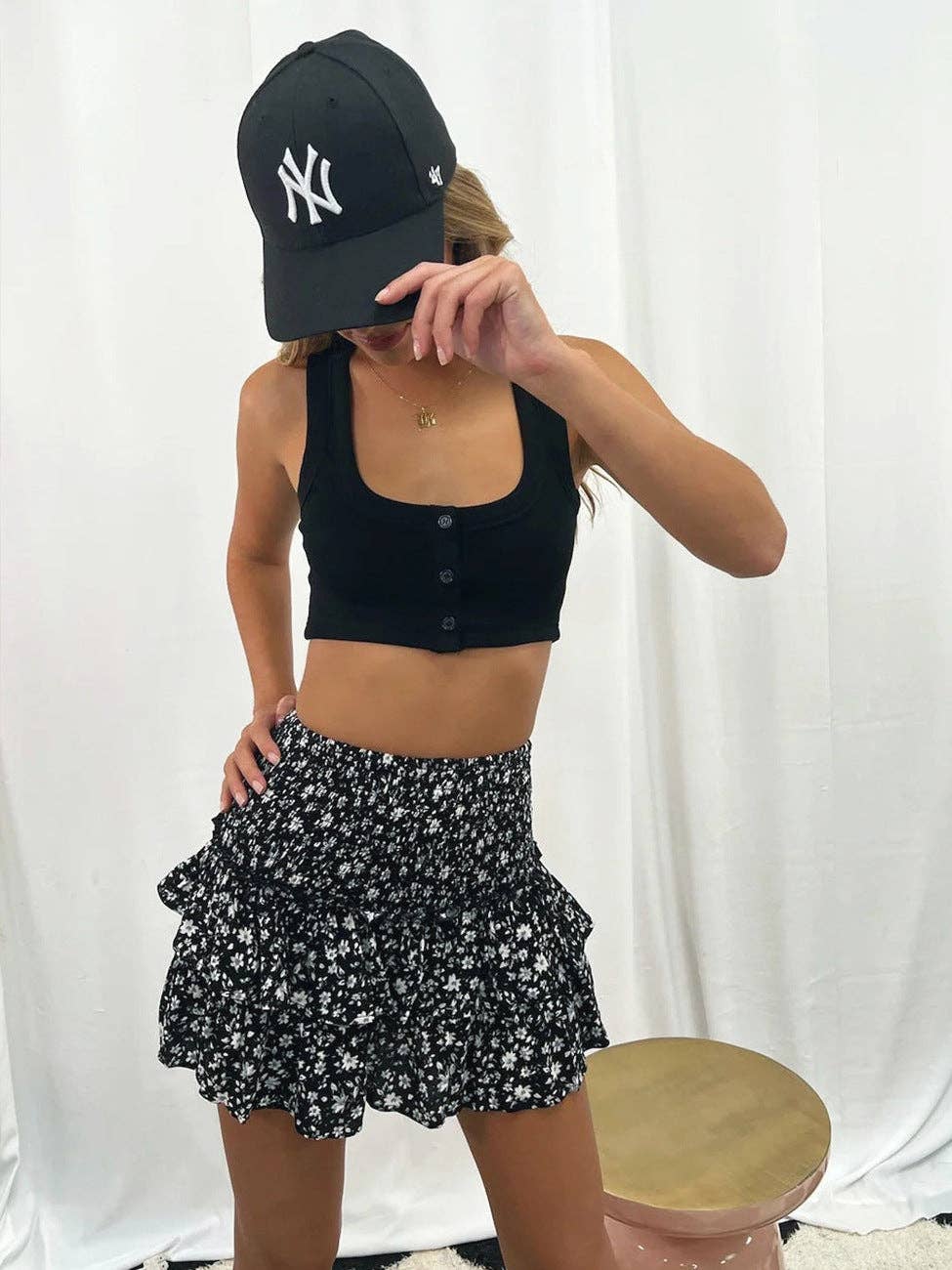 Flower Print  Ruffled Short Pleated Skirt