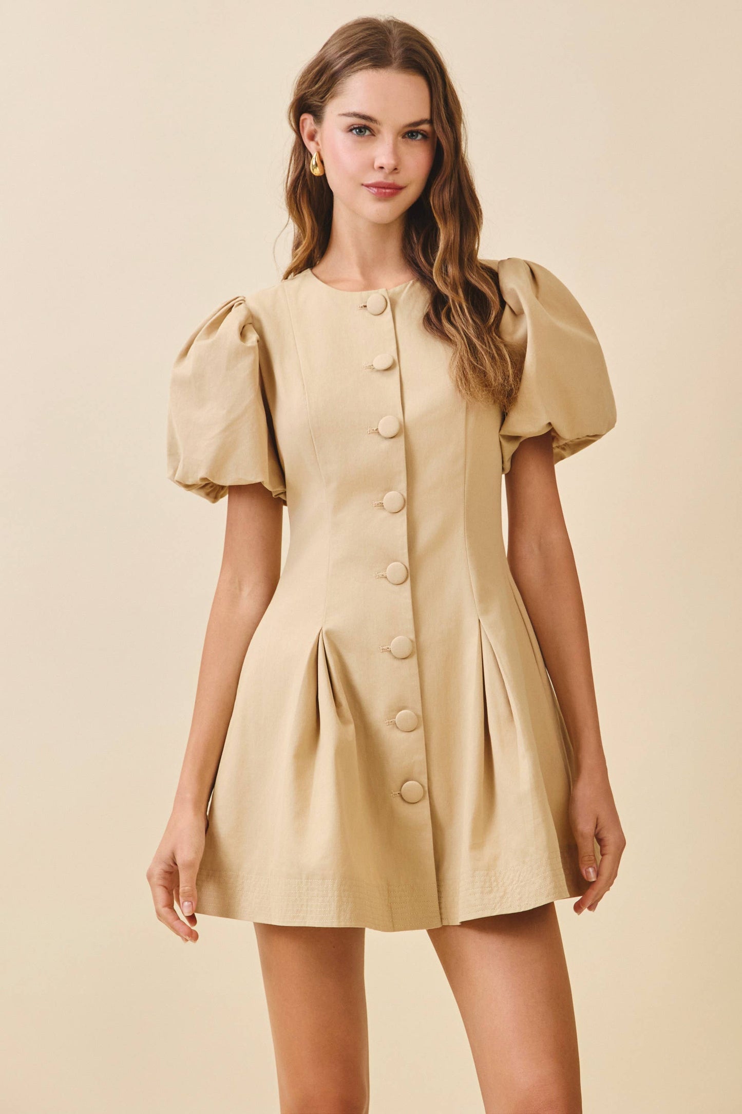 CD06108-Voluminous Puff Sleeves Covered Button Down Dress: Beige