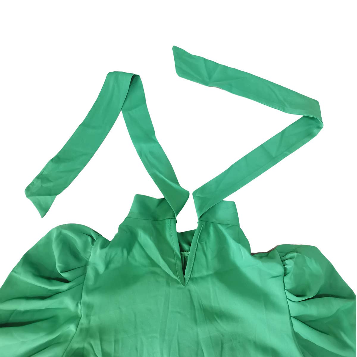 Solid stand collar puff sleeve tie neck blouse: Hot Pink